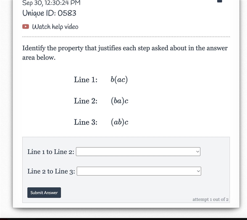 Identify the property that justifies each step asked about in the answer area below-example-1