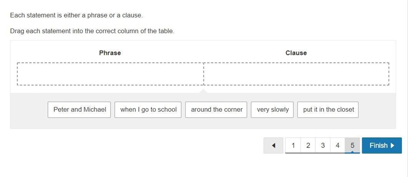 Each statement is either a phrase or a clause. Drag each statement into the correct-example-1