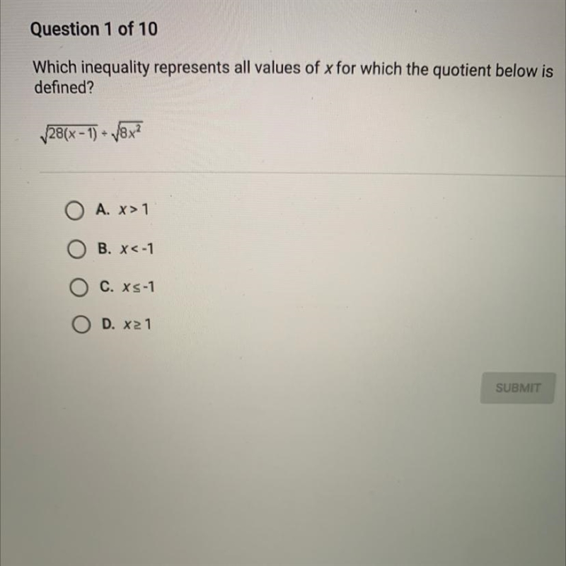 Which inequality represents all values of × for which the quotient below is lefined-example-1