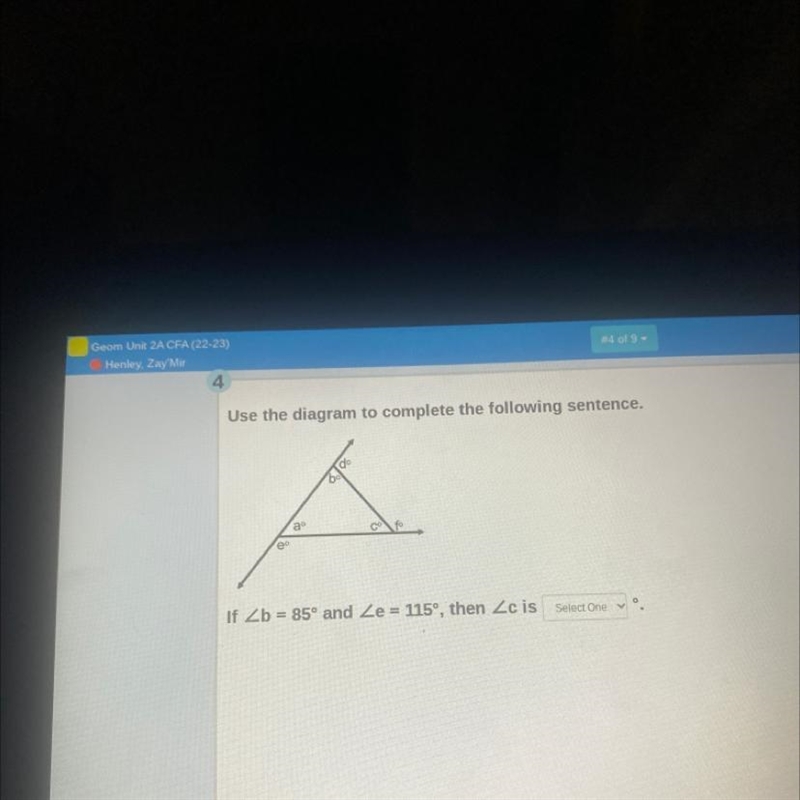 If Zb= 85° and Ze = 115°, then Zc is-example-1