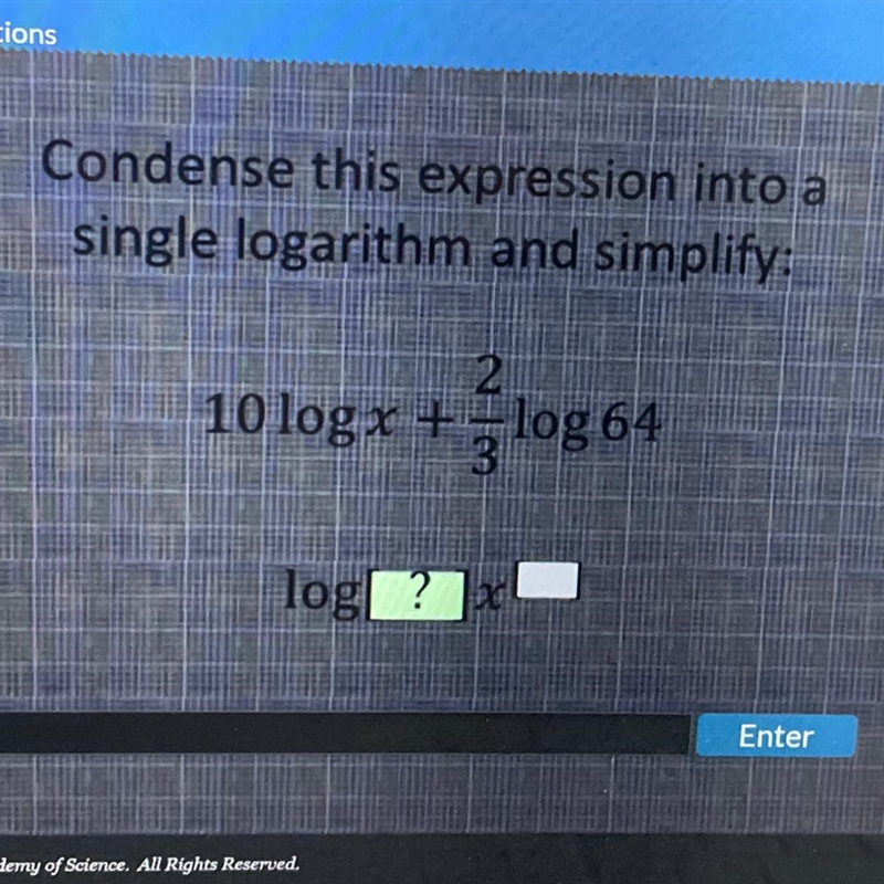 Condense this expression into a single logarithm and simplify:-example-1