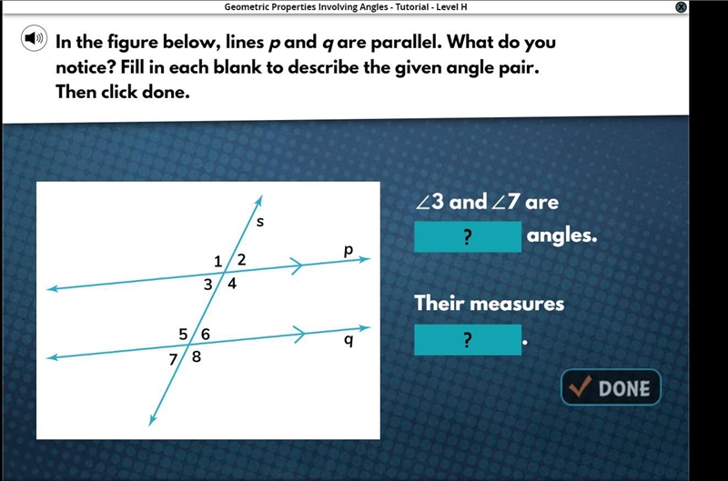 In the figure below lines p and q are parallel. what do you notice?-example-1