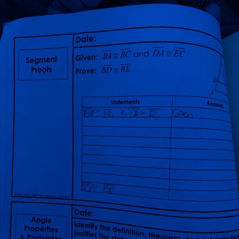 Segment Given: BA= BC and DA= EC Proofs Prove: BD BE Statements BA BC 3 DA FC. Given-example-1