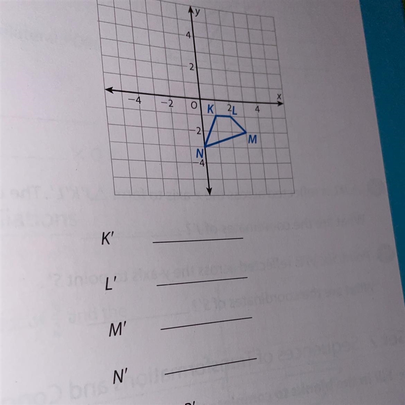 Quadrilateral KLMN is rotated 180 degrees clockwise around the origin to form the-example-1