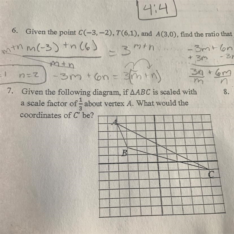 7. Given the following diagram, if AABC is scaled with a scale factor of 1 about vertex-example-1