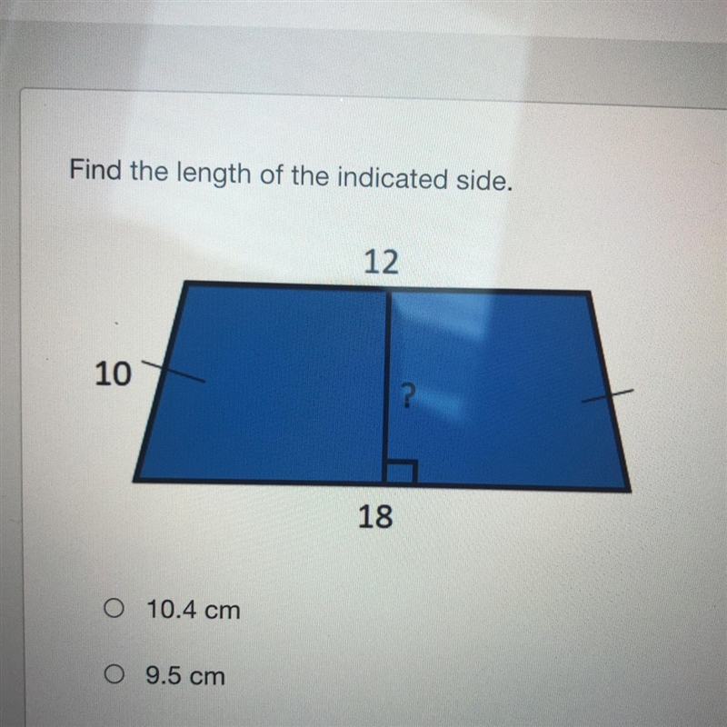 Find the length of the indicated side. 10.4 cm 9.5 cm 11.7 cm 8 cm-example-1