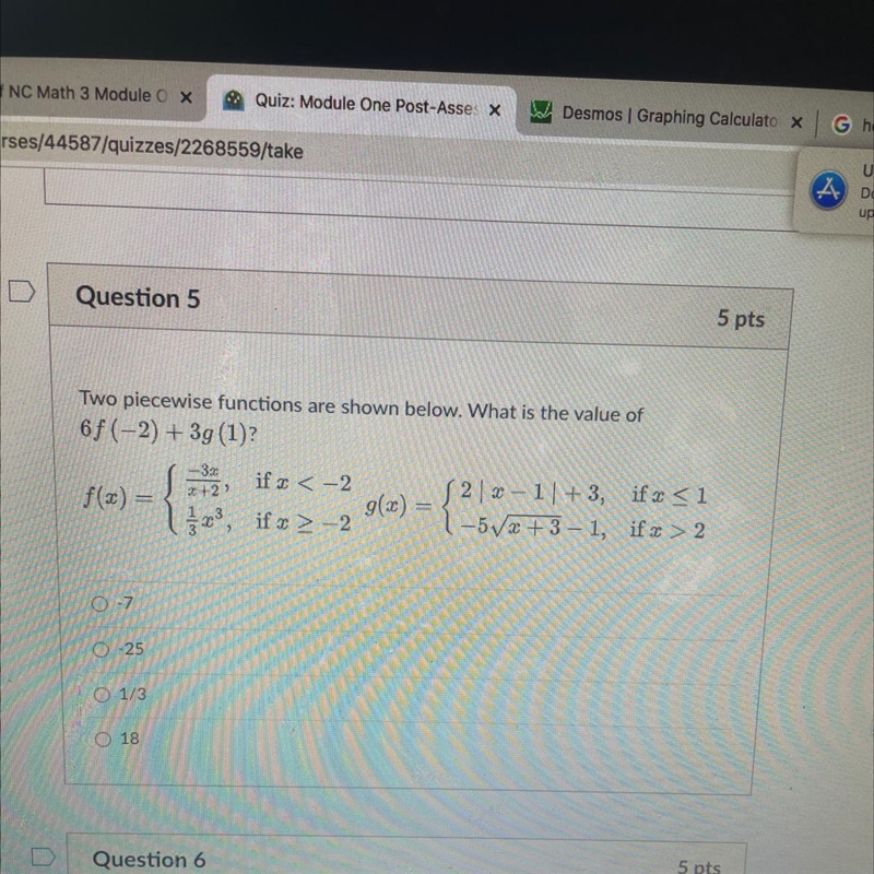 Two piecewise functions are shown below. What is the value of 6f (-2) + 3g (1)? f-example-1