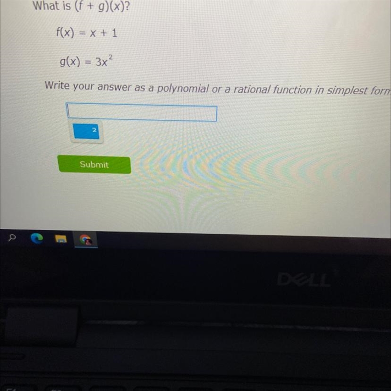 What is (f + g)(x)?f(x) = x + 1g(x) = 3x²Write your answer as a polynomial or a rational-example-1