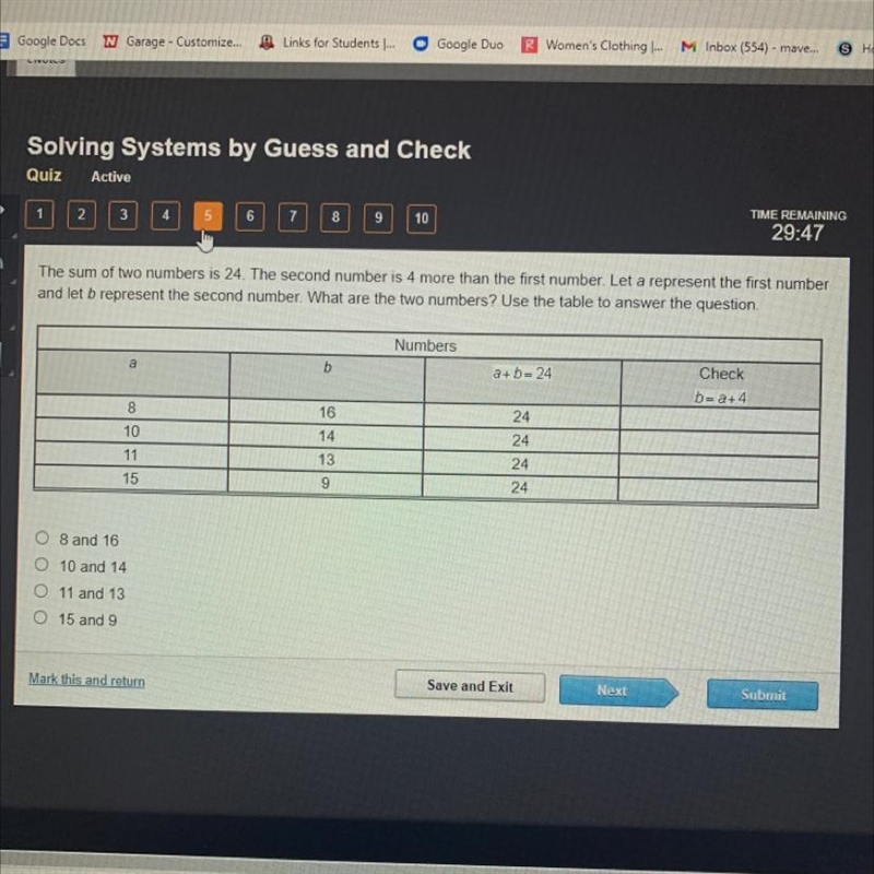 The sum of two numbers is 24. The second number is 4 more than the first number. Let-example-1