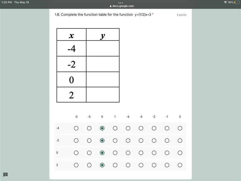 Complete the function table for the function y=(1/2)x+3-example-1