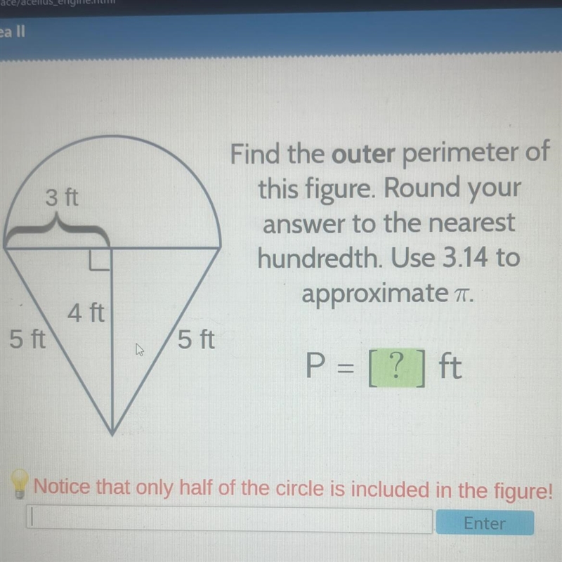 Find the outer perimeter of 3 ft this figure. Round your answer to the nearest hundredth-example-1