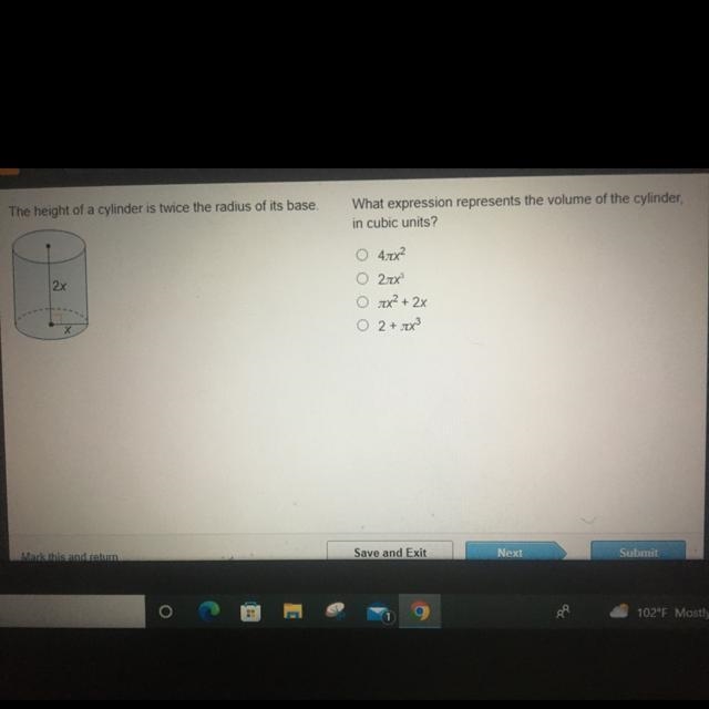 The height of a cylinder is twice the radius of its base. 2x What expression represents-example-1