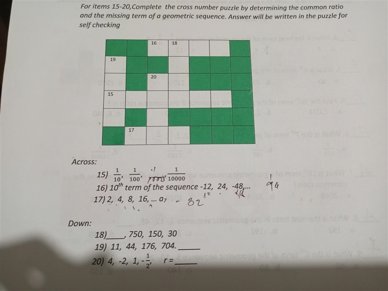 For items 15-20, Complete the cross number puzzle by determining the common ratio-example-1