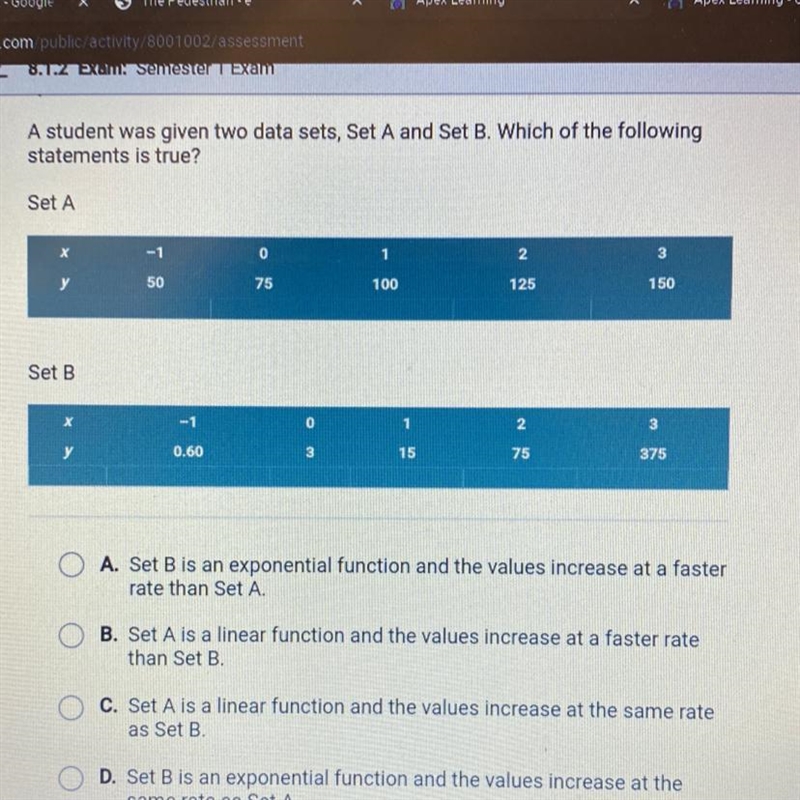 A. Set B is an exponential function and the values increase at a faster rate than-example-1