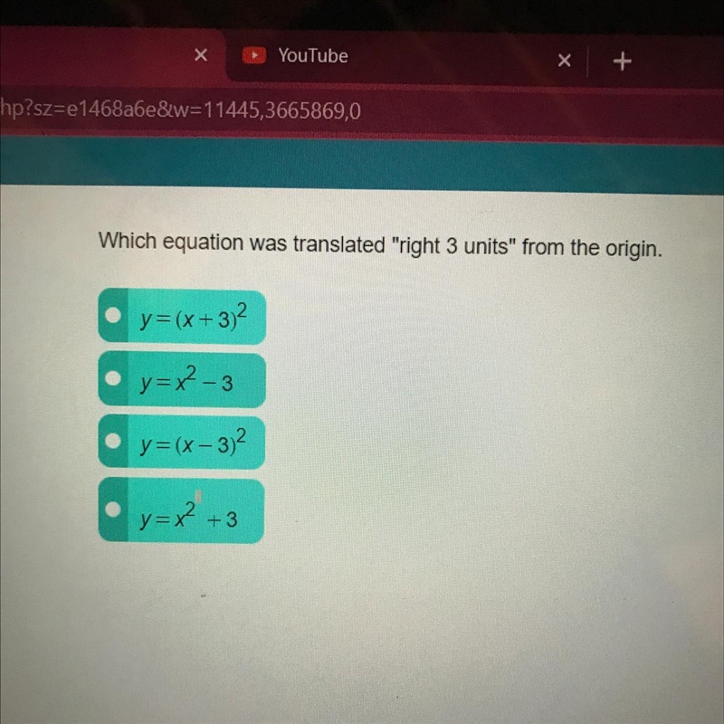 Which equation was translated "right 3 units" from the origin. y = (x+3)² y-example-1