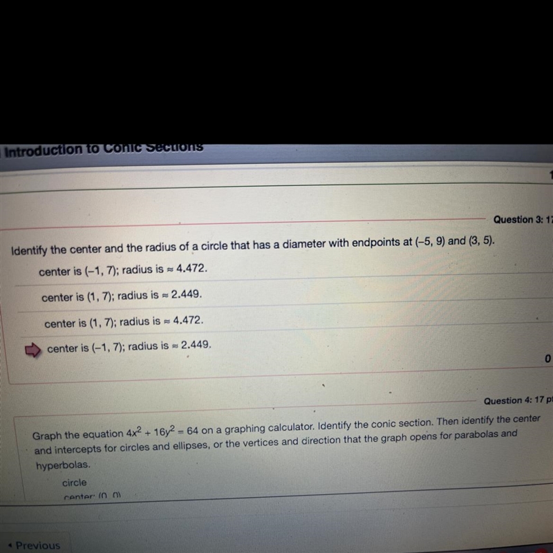 Pls help!! Identify the center and the Radius of a circle that has a diameter with-example-1