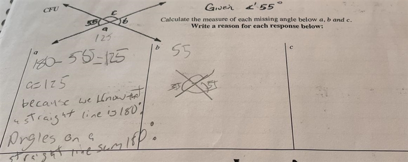 Calculate the measure of each missing angle below a,b,c Given < 55-example-1