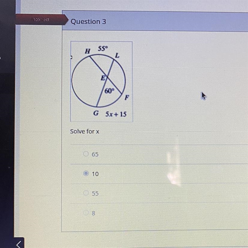 Solve for x (option c, 10 is incorrect)-example-1