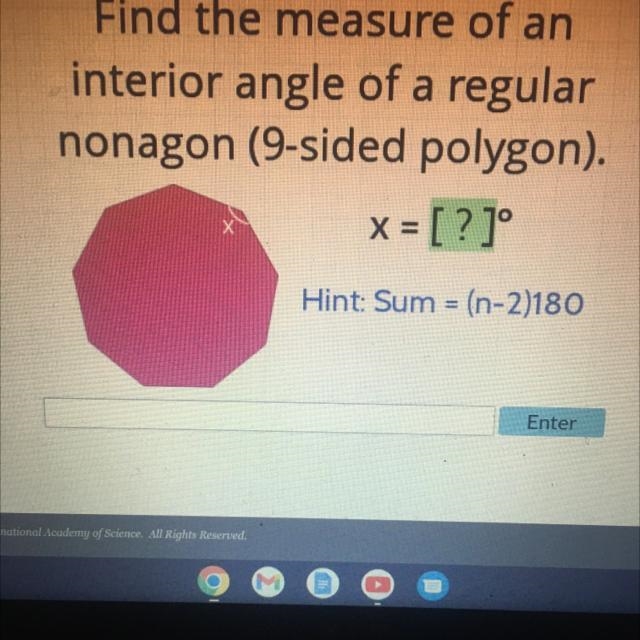 Find the measure bog and interior angle of the regular nonagon x=-example-1