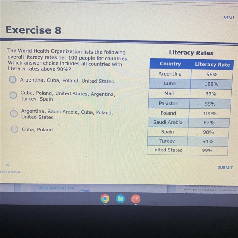 The World Health Organization lists the following overall literacy rates per 100 people-example-1