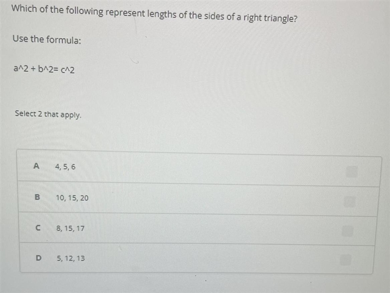 Which of the following represent lengths of the sides of a right triangle?-example-1