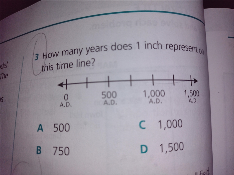 How many years does 1 inch represent on this timeline? a. 500 b. 750 c. 1000 d. 1500-example-1