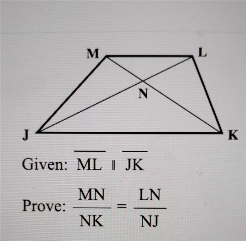 Given: ML ll JK. Prove: MN/NK = LN/NJ​-example-1