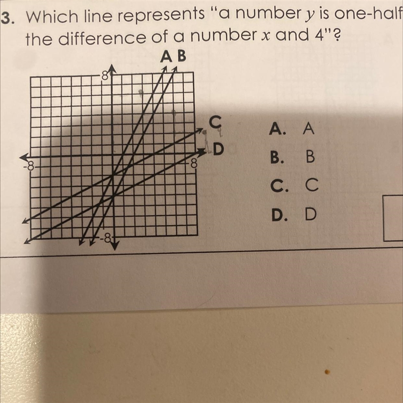 Which line represents “a number is one-half the difference of a number x and 4?”-example-1