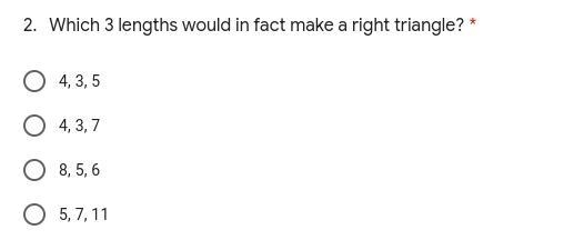 Which 3 lengths would in fact make a right triangle?-example-1