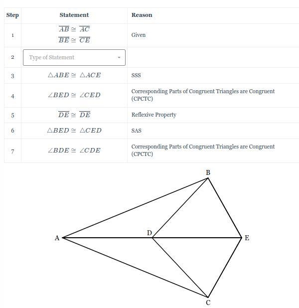 Fill in the missing statement and reason for the proof below. Given: AB = AC and BE-example-1