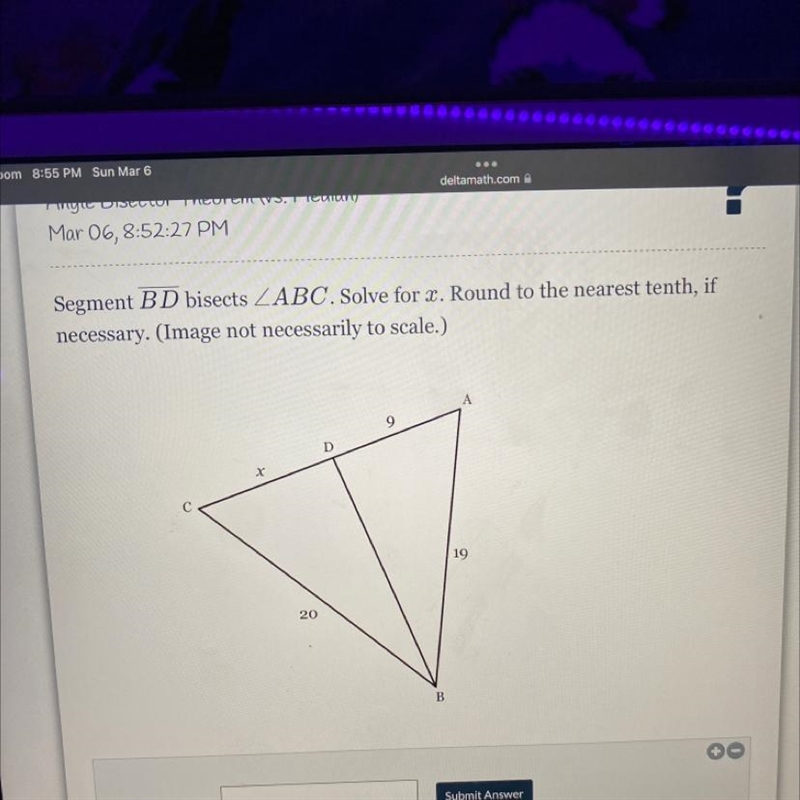 Segment BD bisects ZABC. Solve for x. Round to the nearest tenth, if necessary. (Image-example-1