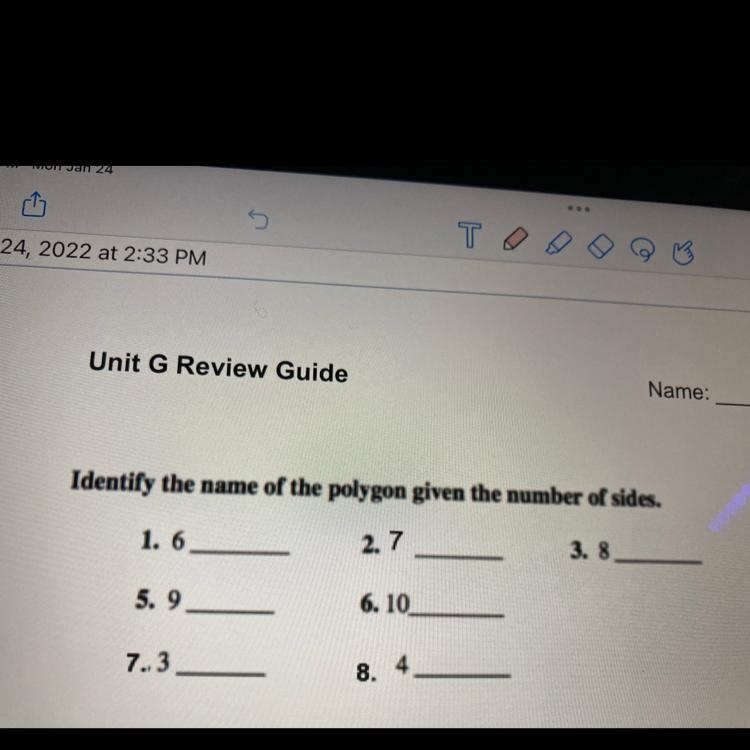 Identify the name of the polygon given the number of sides. 6 7 8 9 5 10 3 4-example-1