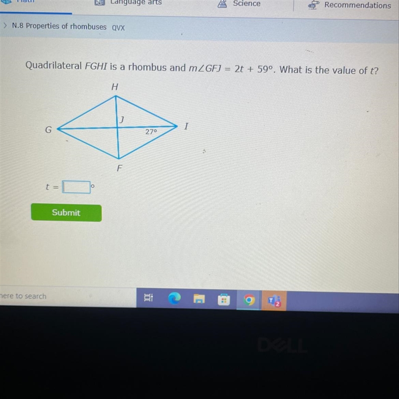 Quadrilateral FGHI is a rhombus and mZGFJ = 2t + 59°. What is the value of t? H G-example-1