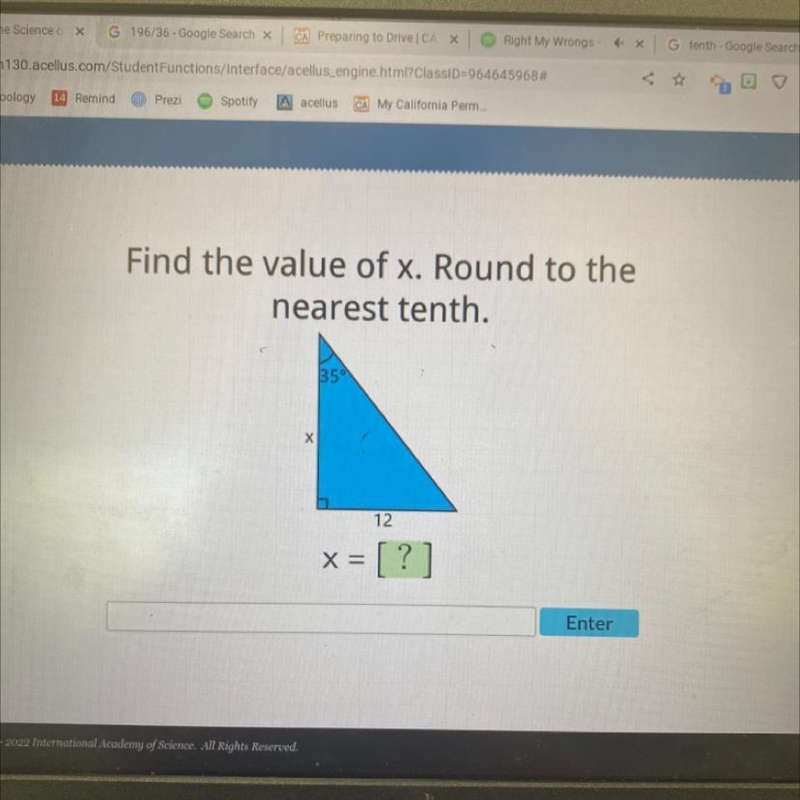 Find the value of x. Round to the nearest tenth. 12 x=[?]-example-1