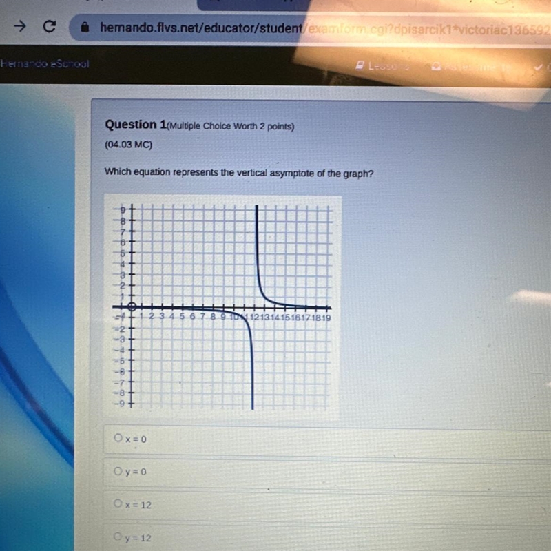 Which equation represents the vertical asymptote of the graph?-example-1