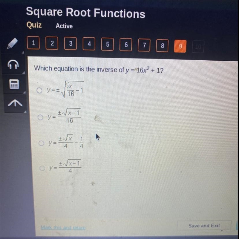 Which equation is the inverse of y = 16x2 + 1?-example-1