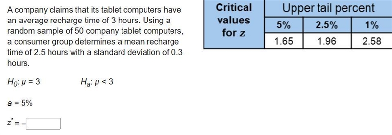 A company claims that its tablet computers have an average recharge time of 3 hours-example-1