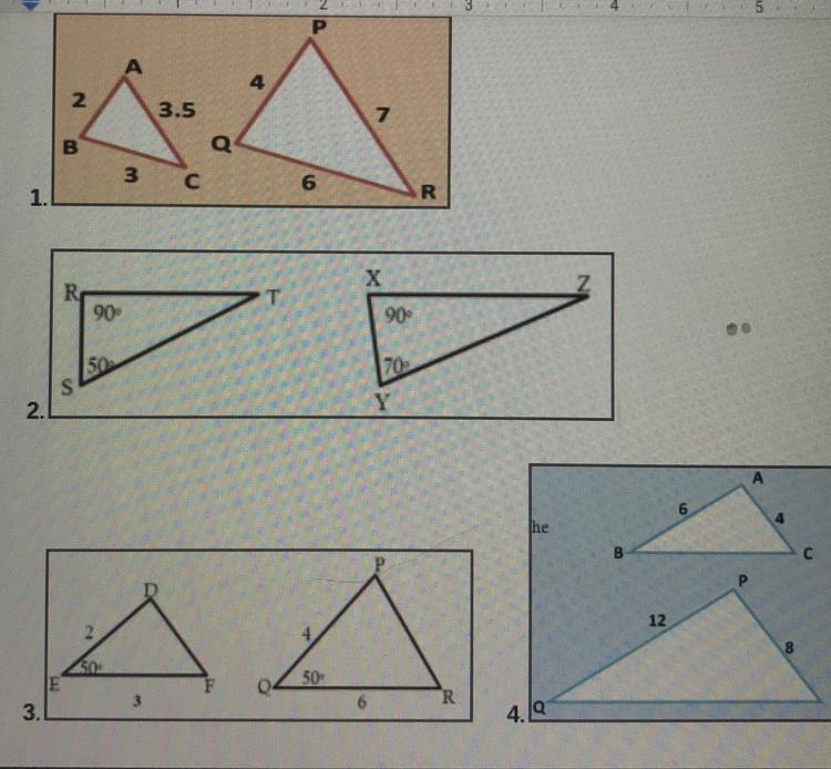 Tell if each pair of triangles are either 1. Similar By SSS similarity 2.Similar by-example-1