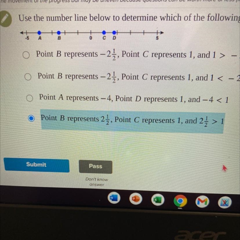 Use the number line below to determine which of the following answer choices has statements-example-1