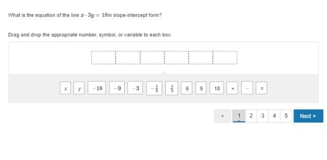 What is the equation of the line x–3y=18in slope-intercept form? Drag and drop the-example-1