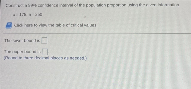 Construct a 99% confidence interval of the population proportion using the given information-example-1