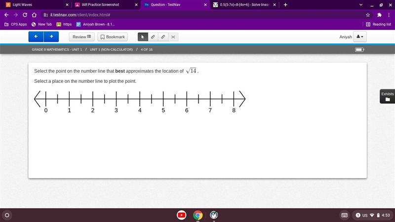 Select the point on the number line that best approximates the location of √14-example-1