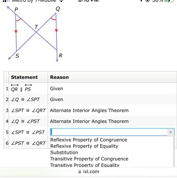 Complete the proof that ∠PST≅∠QRT. S P Q R T-example-1