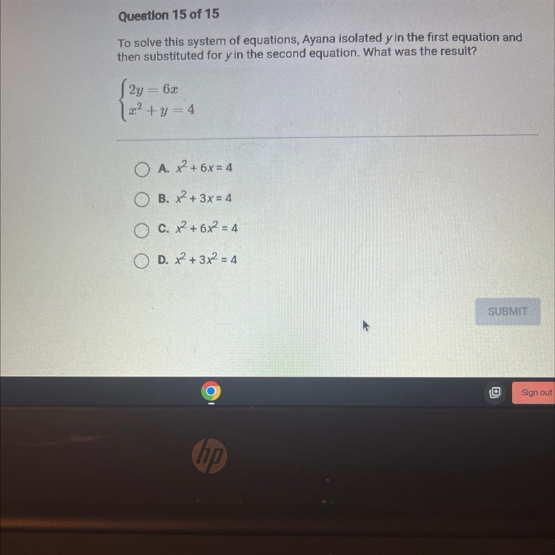 To solve this system of equations, Ayana isolated y in the first equation and then-example-1