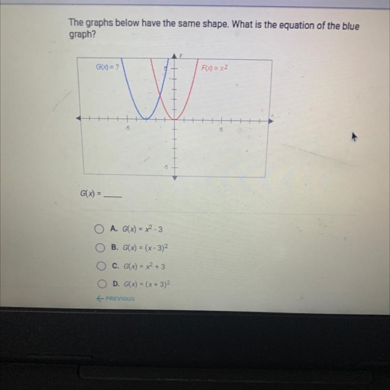 The graphs below have the same shape. What is the equation of the bluegraph?-example-1