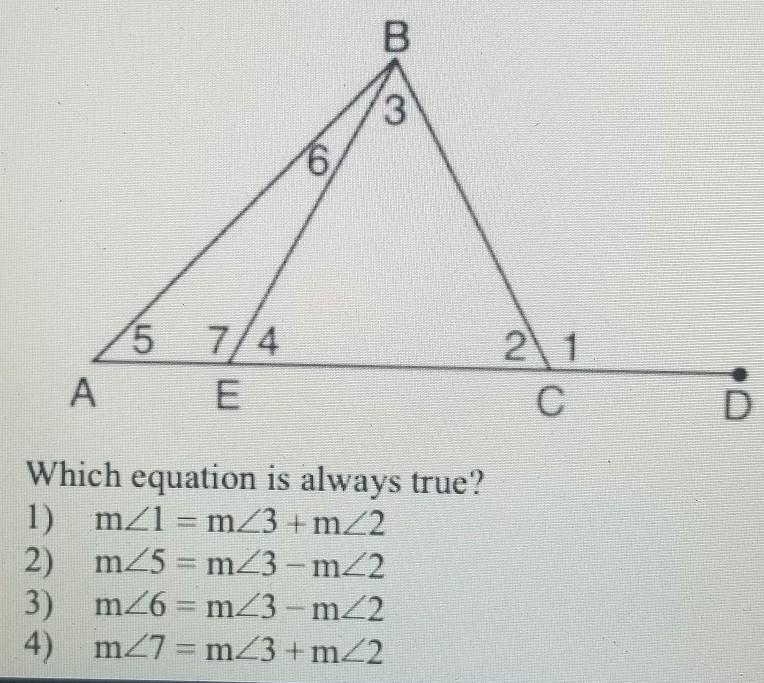 In the diagram below of triangle ABC, AC is Extended through point C to point D, and-example-1