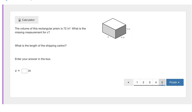 The volume of this rectangular prism is 72 in³. What is the missing measurement for-example-1