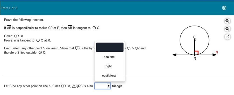 If AB is perpendicular to radius CP at​ P, then is tangent to C. ​Given: QRn ​Prove-example-1