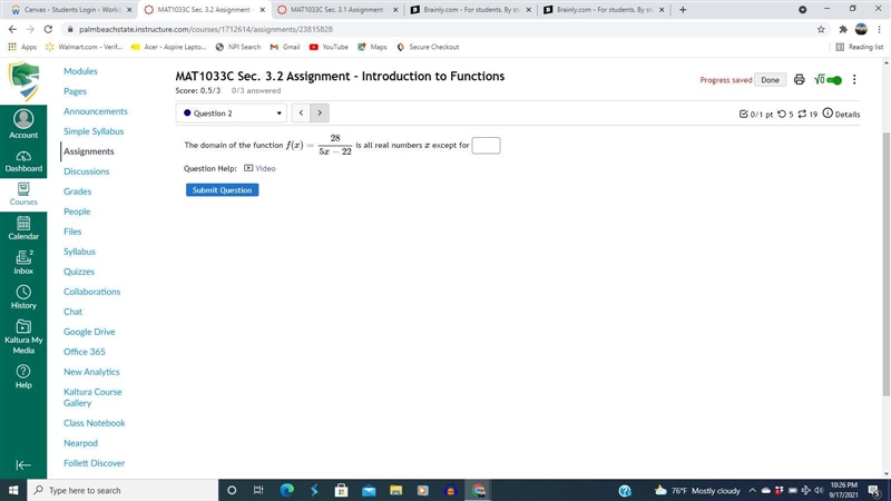 The domain of the function f(x)=285x−22 is all real numbers x except for-example-1