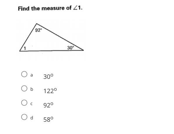 Find the measure of <1 A. 30 degree B. 122 degree C. 92 degree D. 58 degree Help-example-1